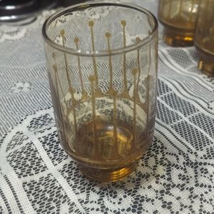 Set of 3 Vintage Footed Libbey Amber Glasses Tumblers Embossed Lines Pattern